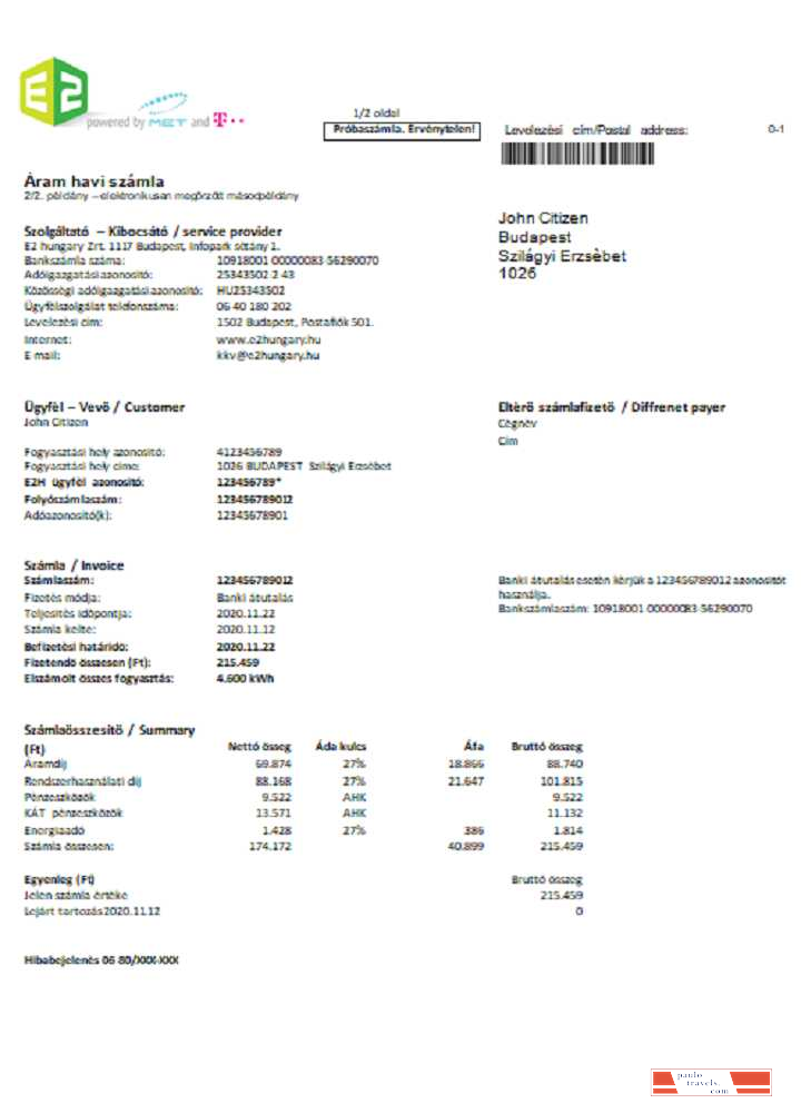 Hungary E2 utility bill Word and PDF format